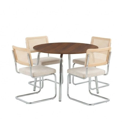 Ensemble repas table à manger ronde effet noyer et lot de 4 chaises cannage tissu écru