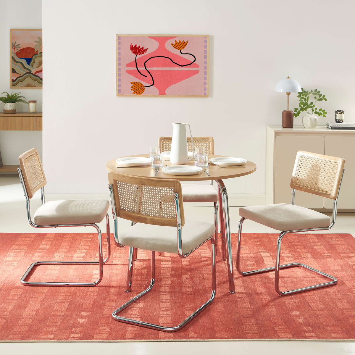 Ensemble repas table à manger ronde effet chêne et lot de 4 chaises cannage tissu écru