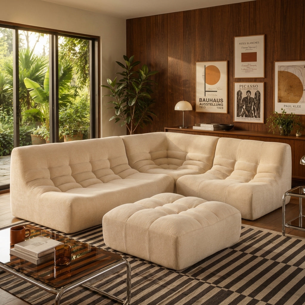 Canapé modulable 5 places velours beige