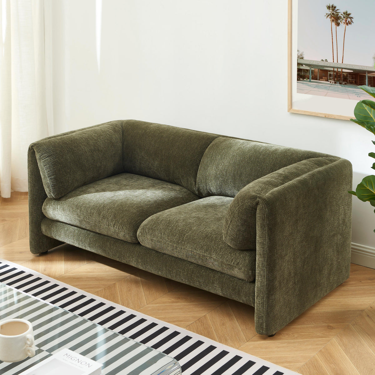 Canapé droit fixe 2 places velours texturé vert