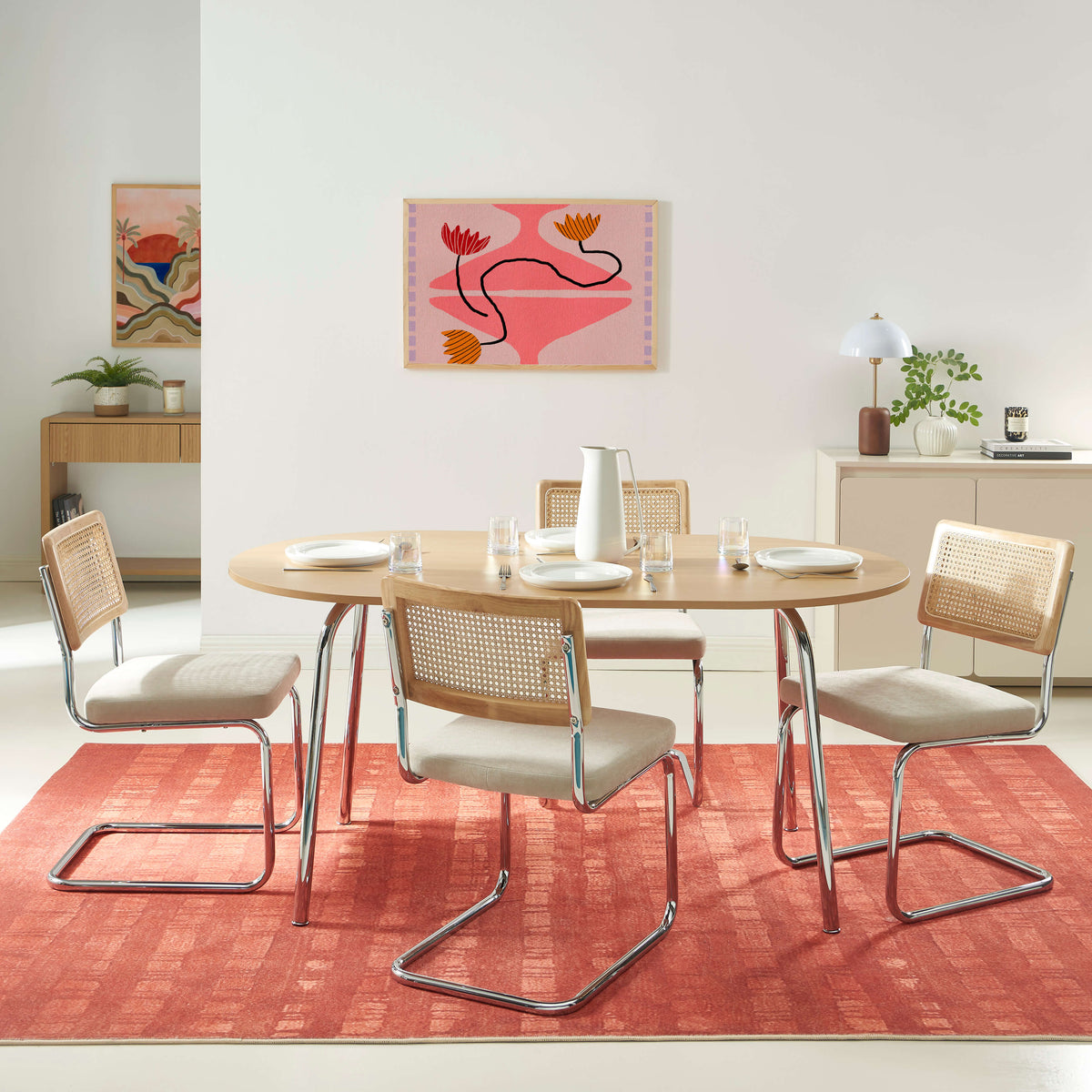 Ensemble repas table à manger ovale effet chêne et lot de 4 chaises cannage tissu écru