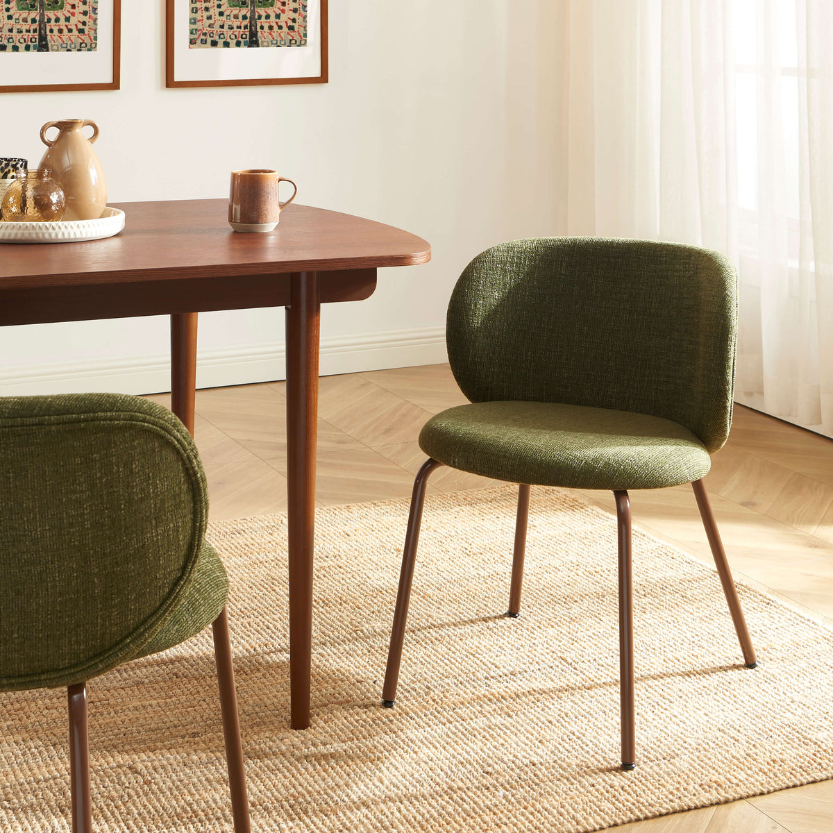 Lot de 2 chaises tissu chenille vert et pieds métal marron