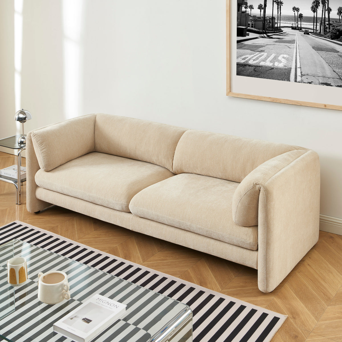 Canapé droit fixe 3 places velours texturé beige