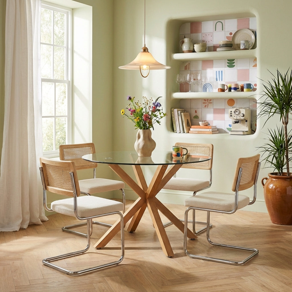 Ensemble repas table à manger ronde en verre 120 cm et lot de 4 chaises velours côtelé écru et cannage