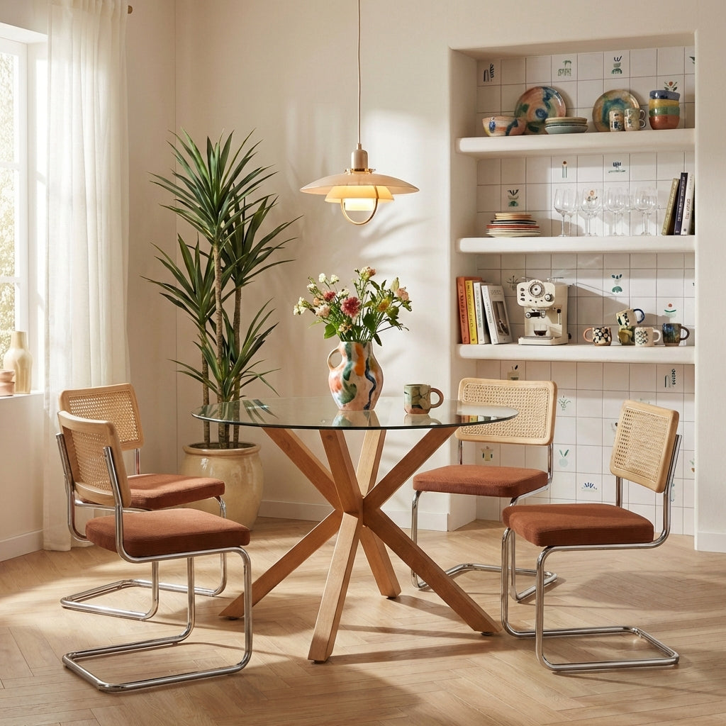 Ensemble repas table à manger ronde en verre 120 cm et lot de 4 chaises velours côtelé terracotta et cannage