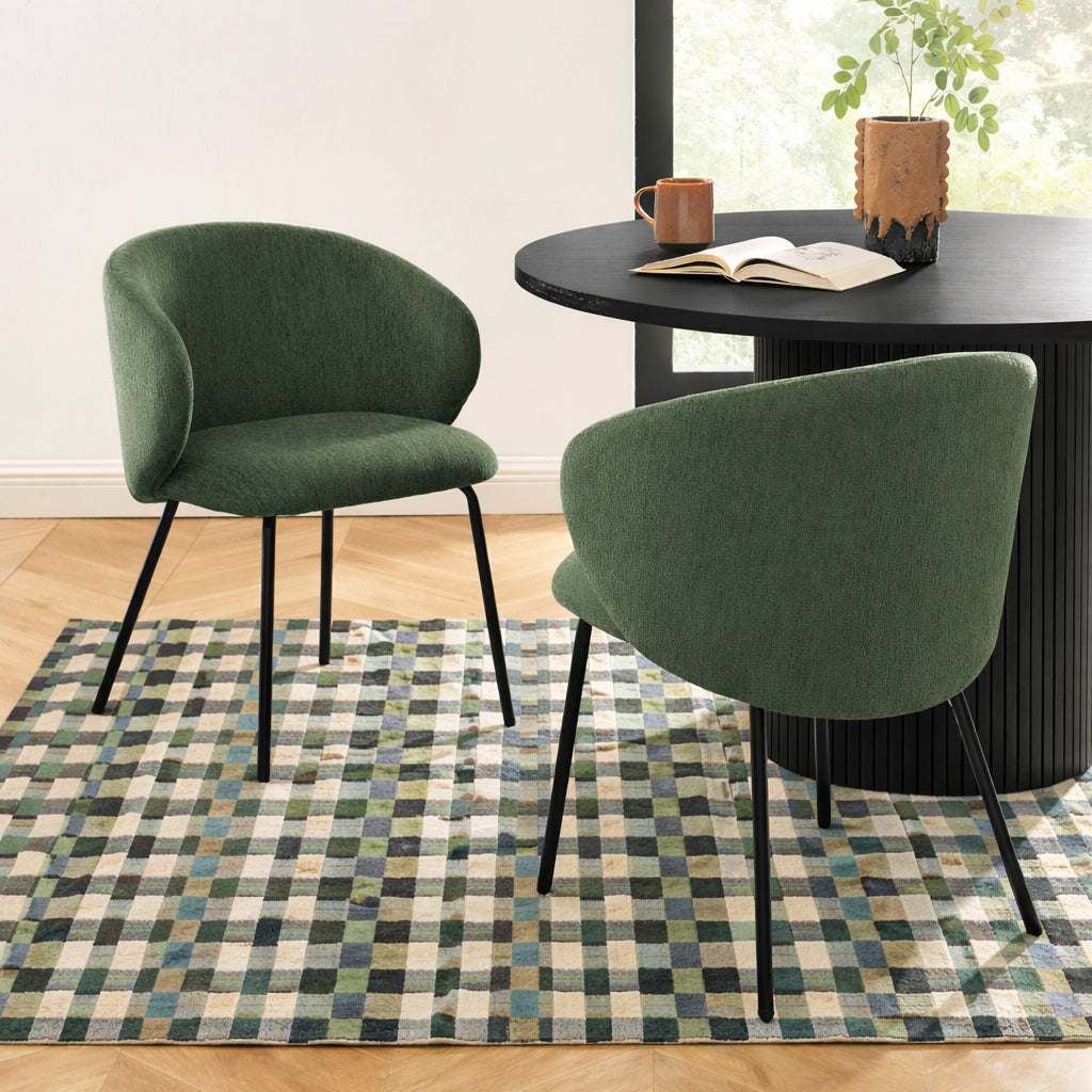 Lot de 4 chaises tissu chenille vert et pieds métal noir