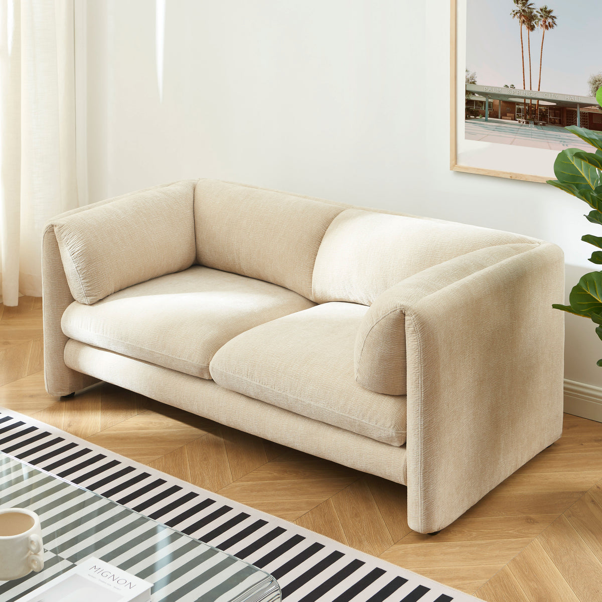 Canapé droit fixe 2 places velours texturé beige