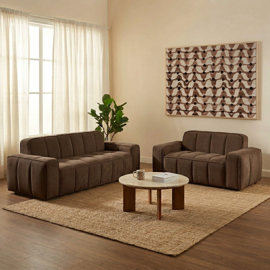 Ensemble canapés droits fixes 3+2 tissu chenille marron L225