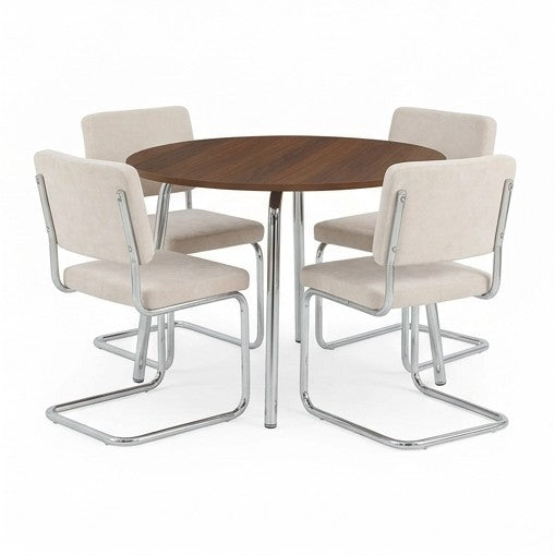Ensemble repas table à manger ronde effet noyer et lot de 4 chaises vintage tissu écru