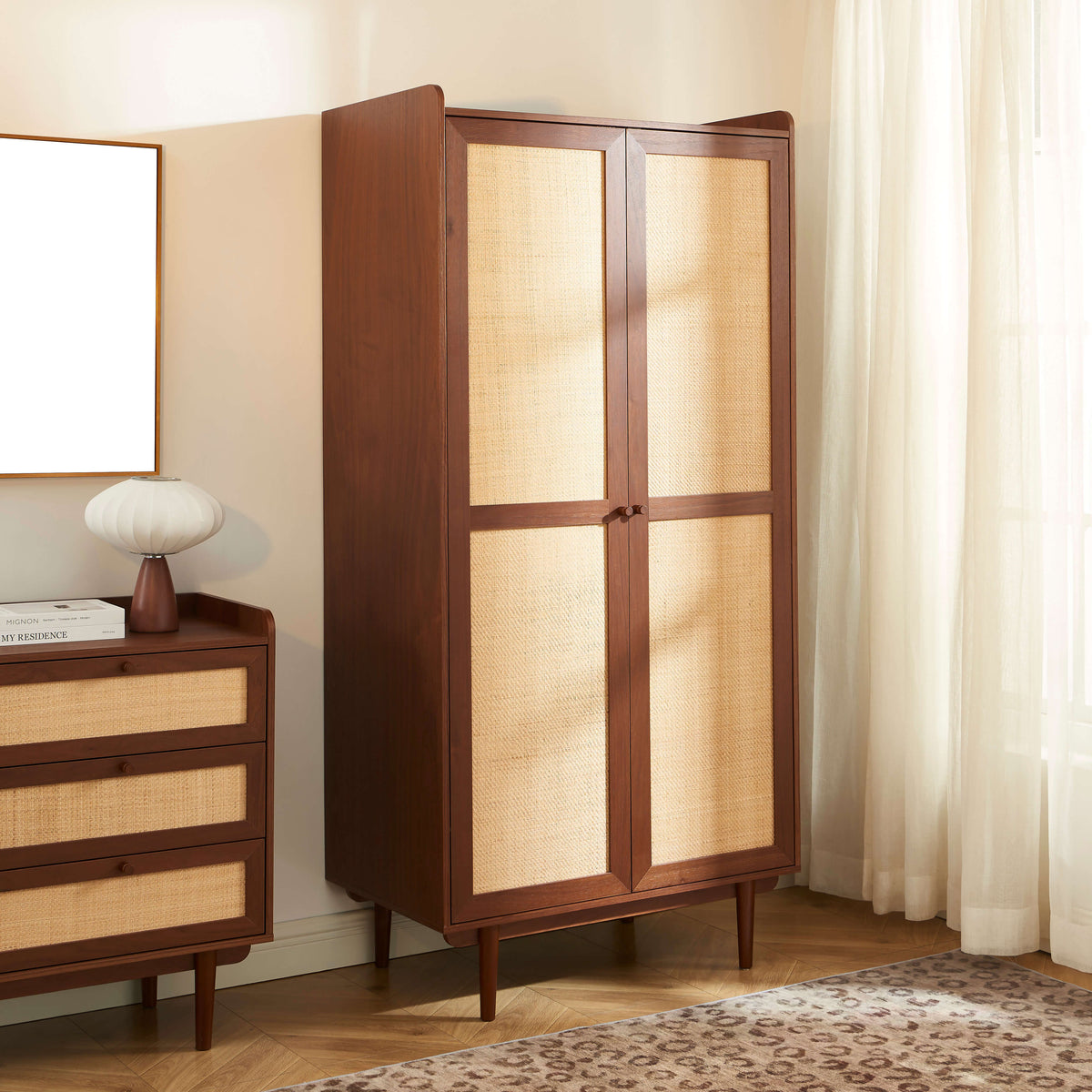 Armoire noyer et cannage 2 portes H190 cm