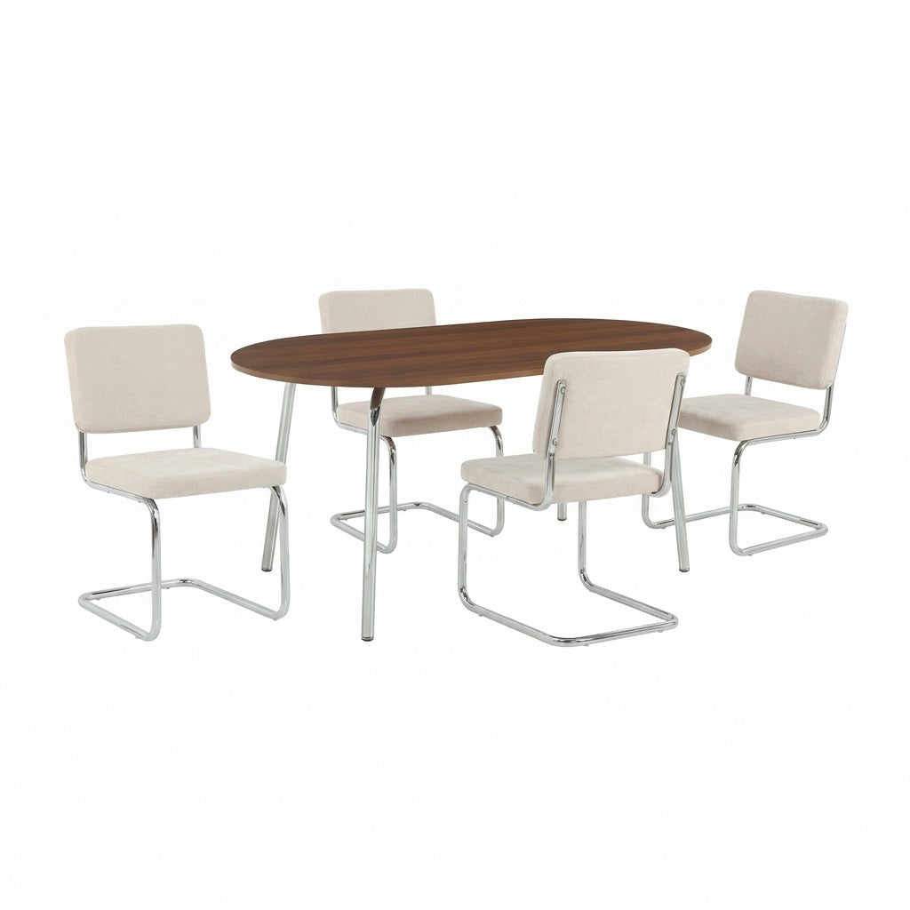 Ensemble repas table à manger ovale effet noyer et lot de 4 chaises vintage tissu écru