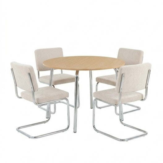 Ensemble repas table à manger ronde effet chêne et lot de 4 chaises vintage tissu écru