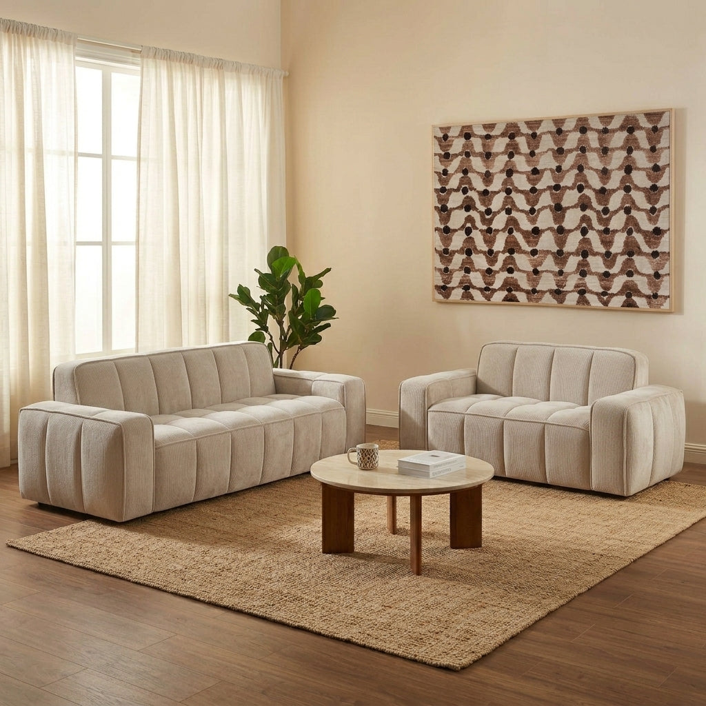 Ensemble canapés droits fixes 3+2 tissu chenille beige L225