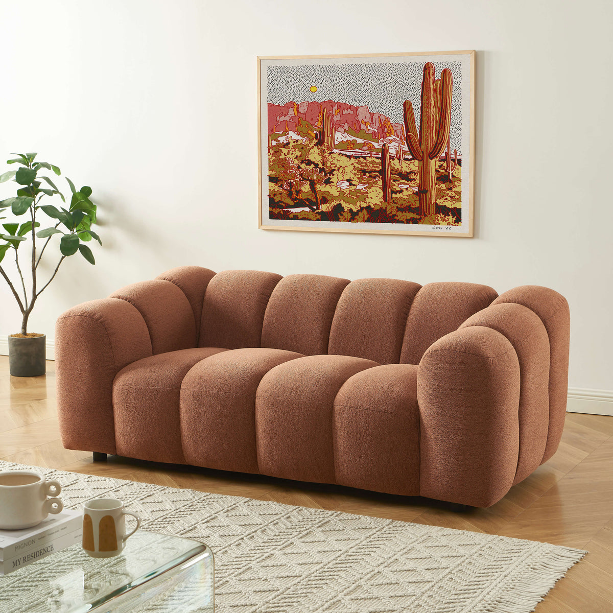 Canapé 2 places tissu tweed terracotta