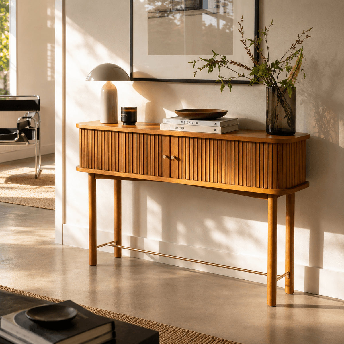 Console frêne foncé portes tambour 110 cm