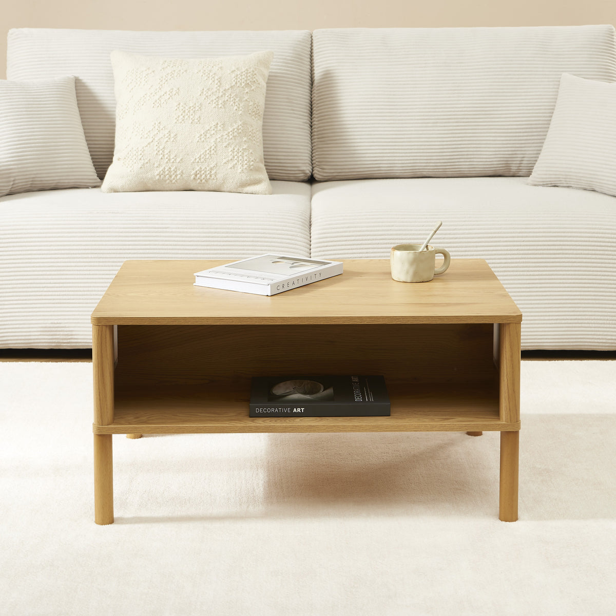 Table basse effet chêne et rotin
