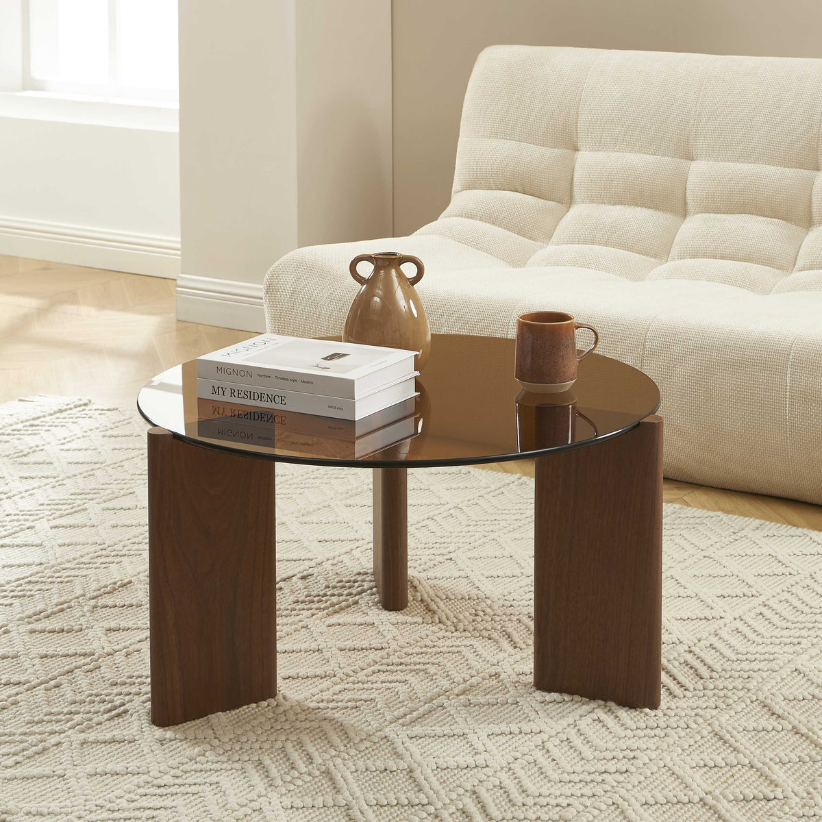 Table basse verre trempé caramel et placage noyer 75 cm