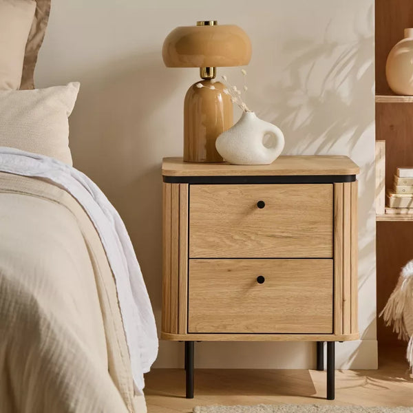 Chevet bois beige arrondie 2 tiroirs
