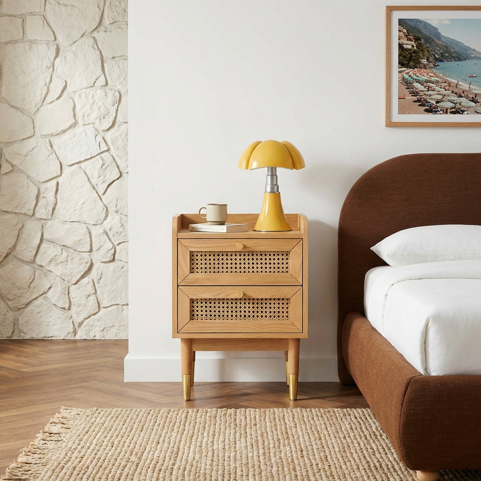 Table de chevet placage chêne et cannage rotin