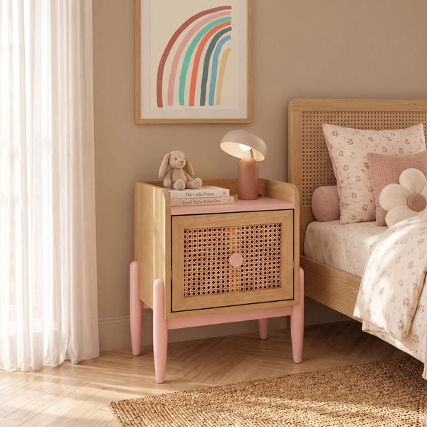 Table de chevet enfant rose et cannage rotin