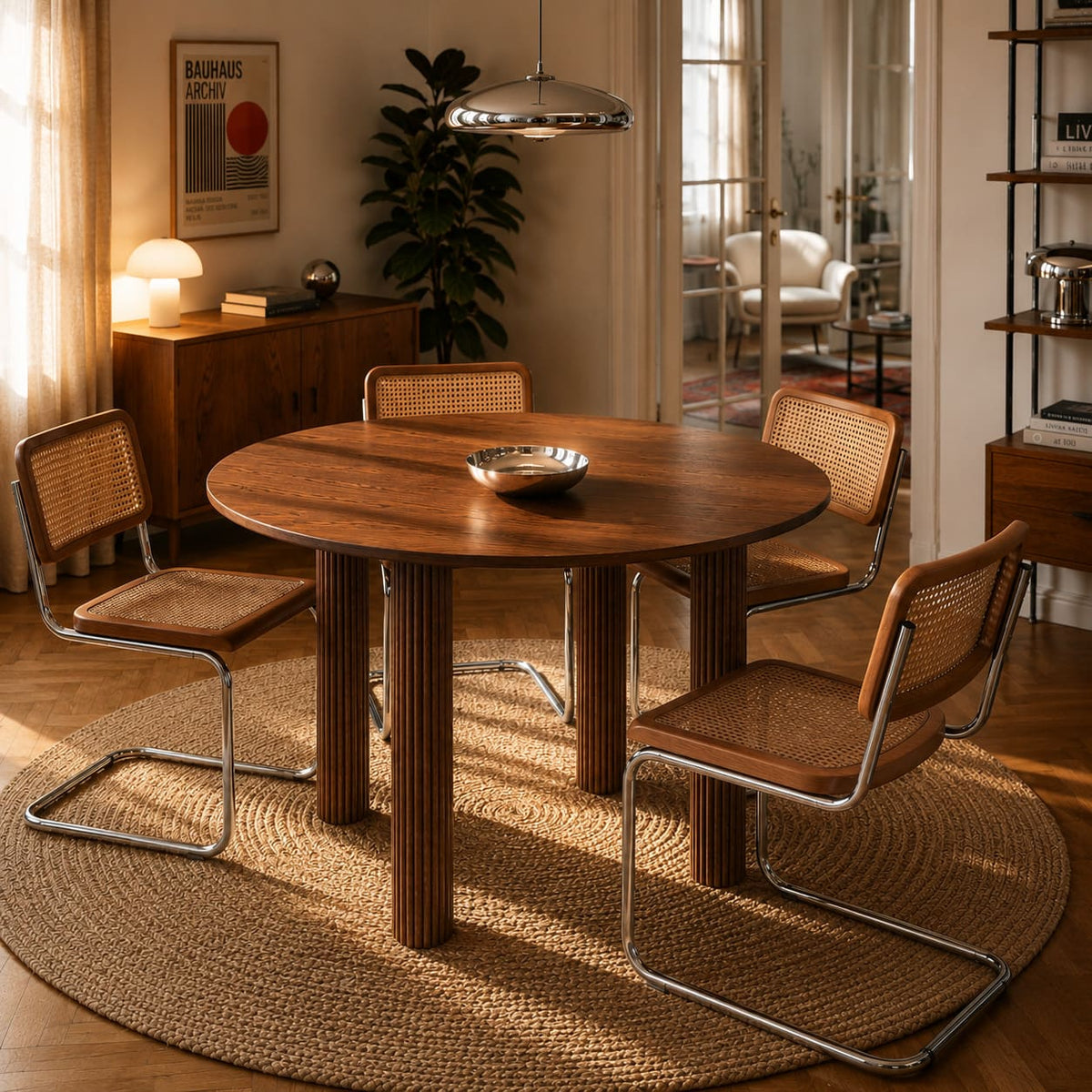 Table de séjour ronde placage chêne couleur noyer 115 cm