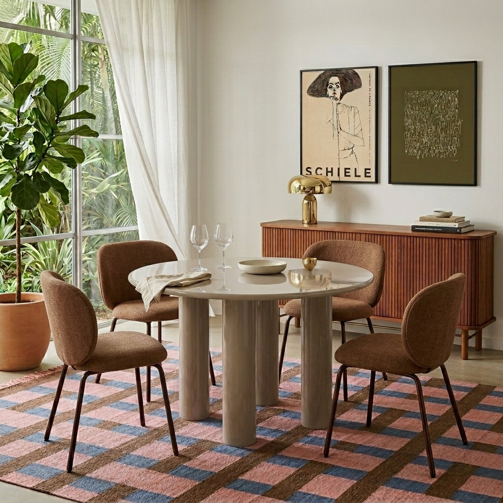 Table de séjour ronde laquée brillante beige argile 120 cm